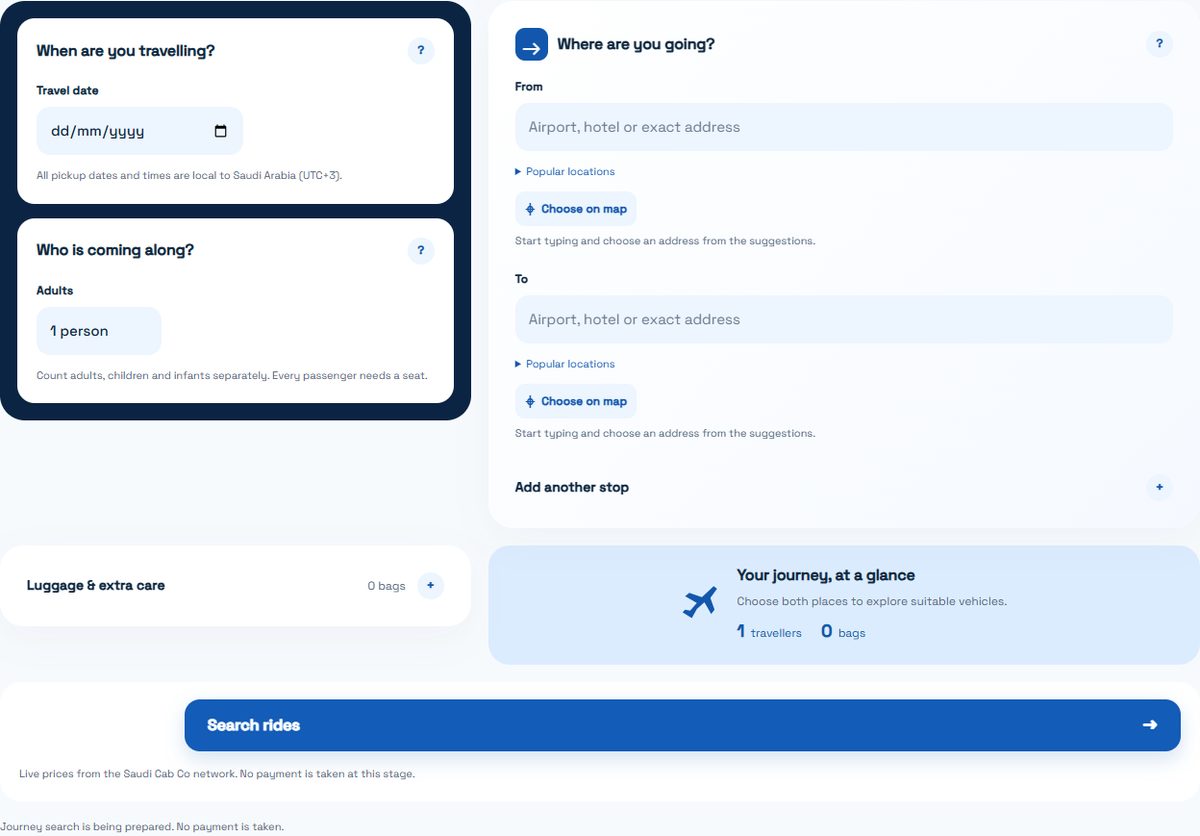 Jeddah Cabs blue airport transfer search interface