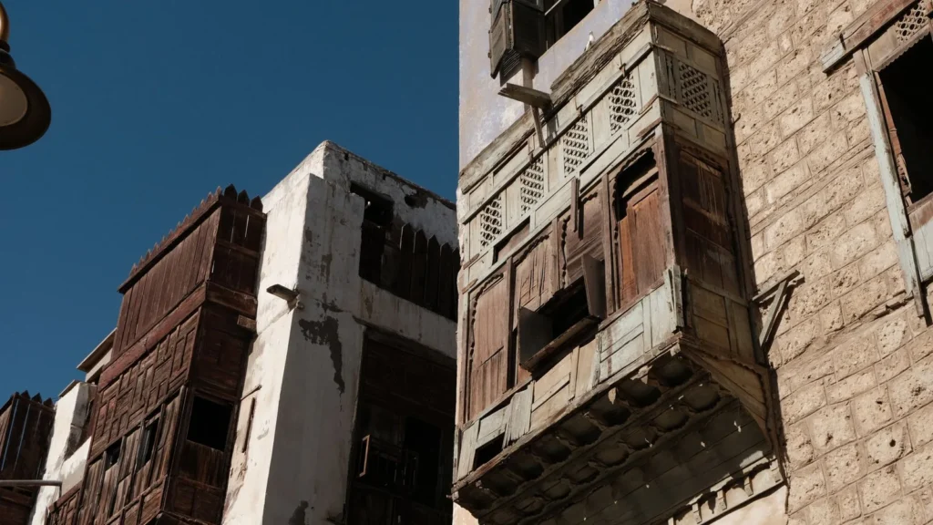 Historic Al Balad buildings in Jeddah with carved wooden roshan balconies
