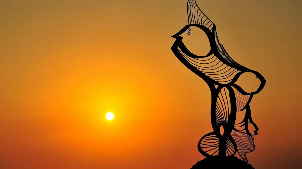 Silhouette einer Skulptur an der Uferpromenade vor einem orangefarbenen Sonnenuntergang über dem Roten Meer – Auftakt für Jeddah bei Nacht
